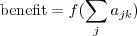 \[ \mathrm{benefit} = f(\sum_j a_{jk} ) \]