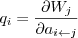 \[ q_i = \frac{\partial W_j}{\partial a_{i \leftarrow j}} \]